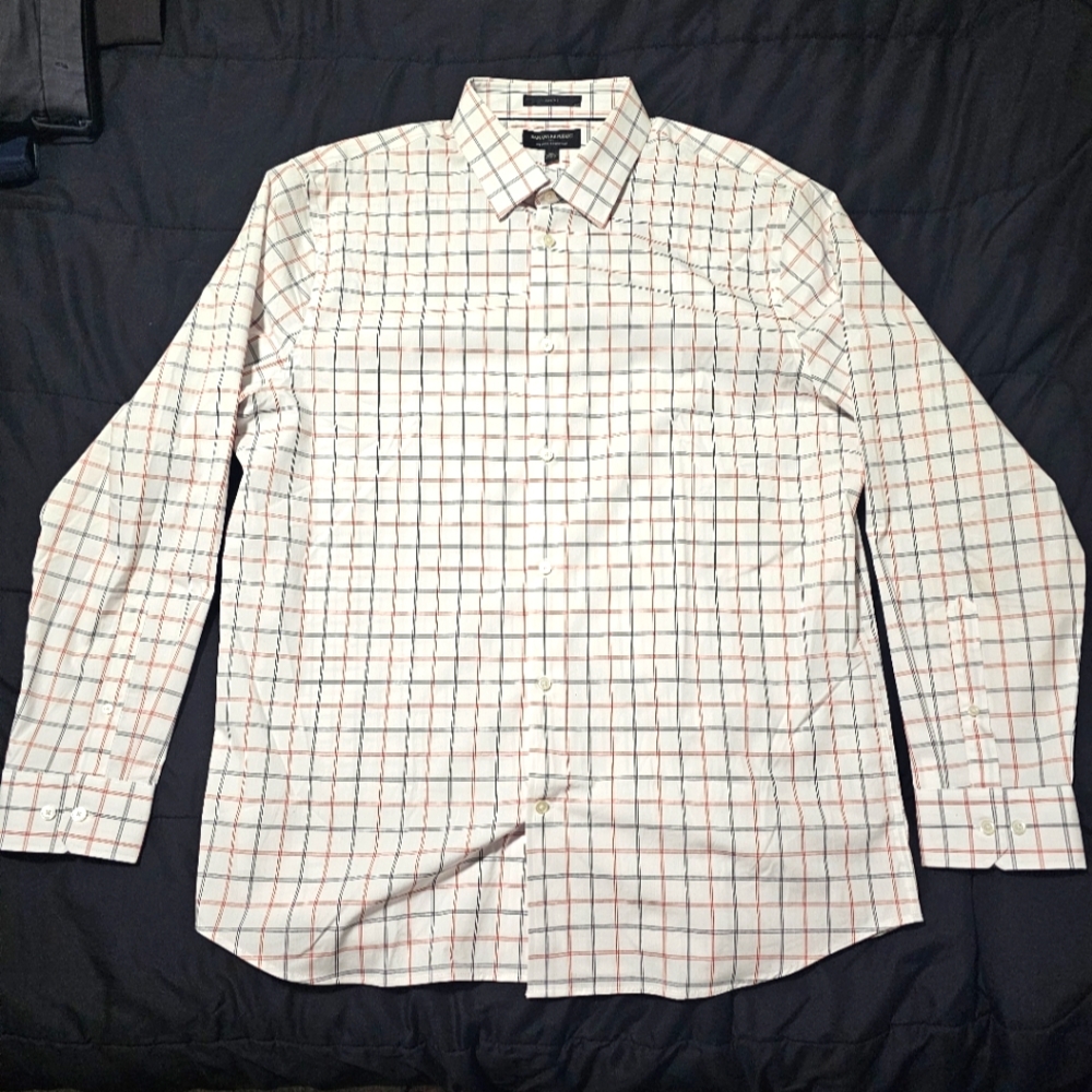 Banana Republic XL Dress Shirt White with Black, Gray, and Red Pattern